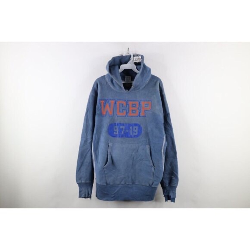 Vintage 90s Champion Reverse Weave Mens L Thrashed WCBP Ocean Rescue Hoodie Blue